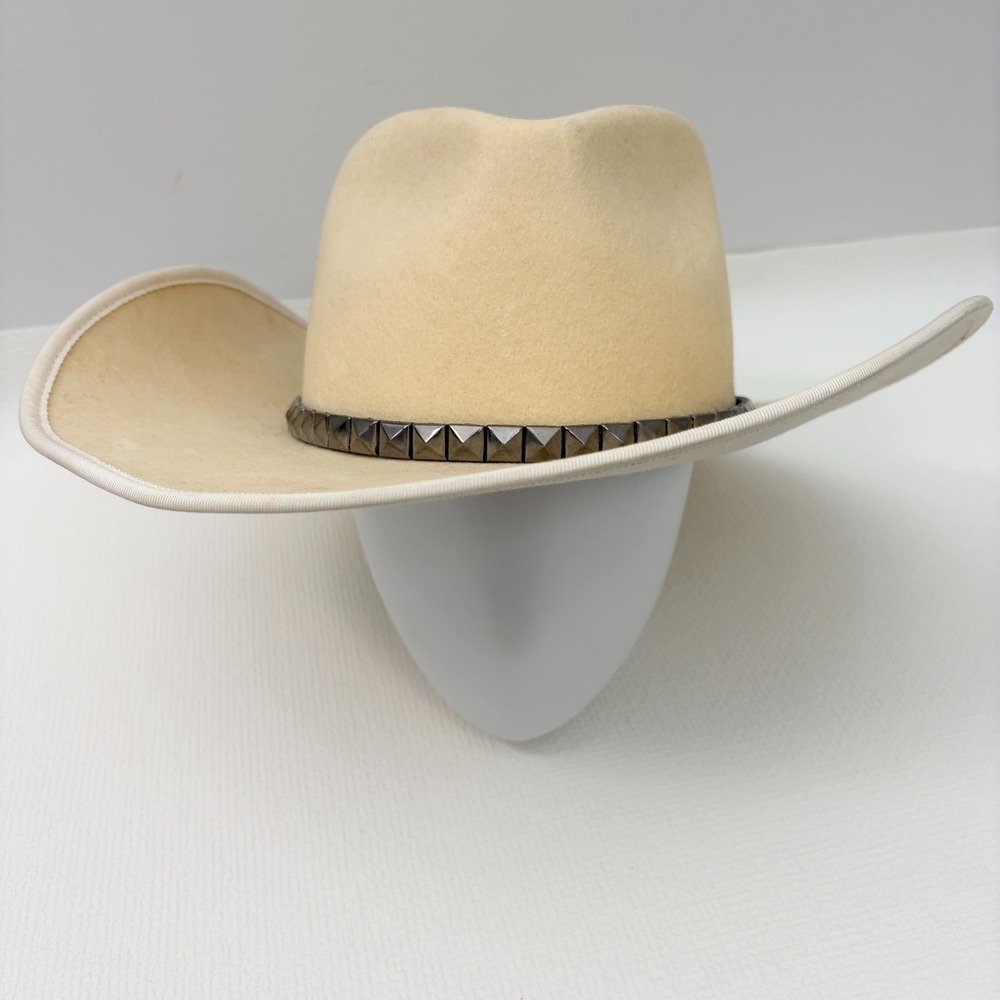 Olive & Pique Cowboy Hat Studded Felt Wide Brim Cream